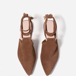ZARA 100% LEATHER LACE UP TAN SUEDE FLATS BRAND NEW WITH TAGS
